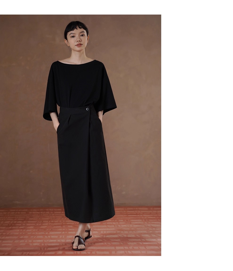 鬆弛自在法式上衣斜肩大領口輕薄透氣寬鬆顯瘦中袖T恤女