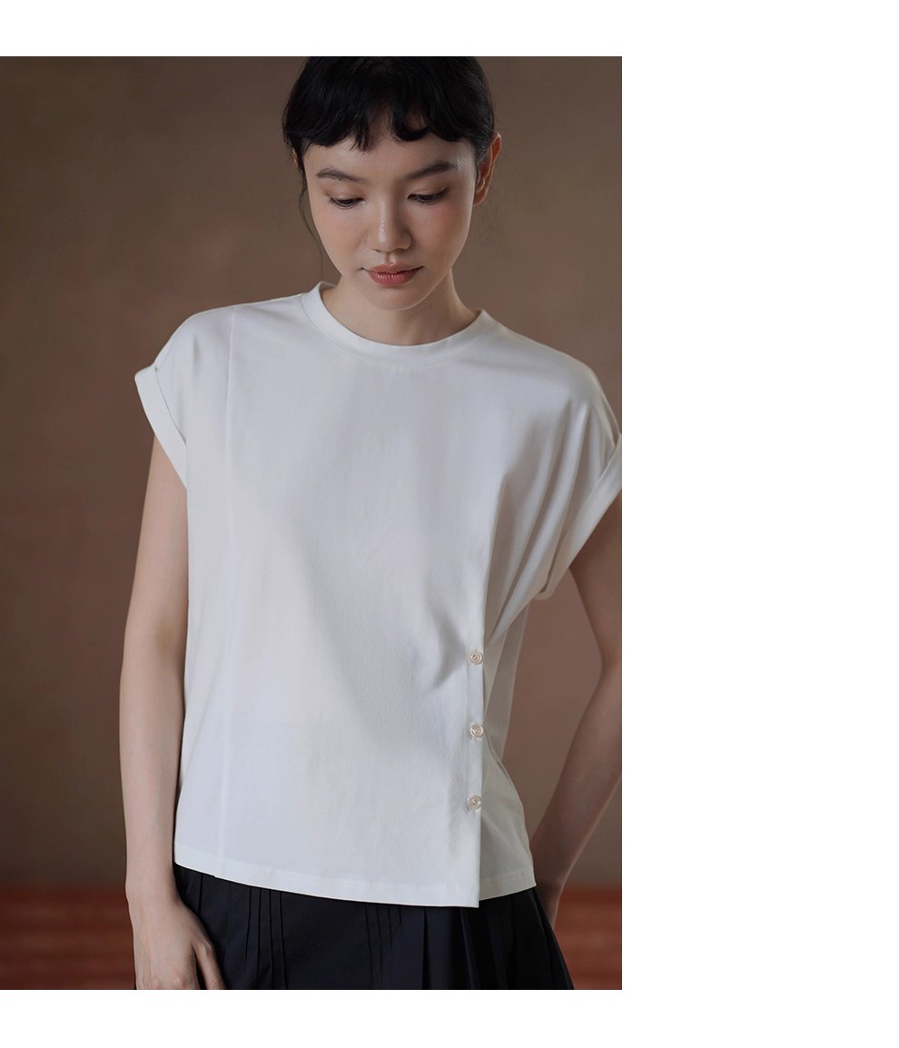 建構感白T恤側邊收腰羈扣設計修身圓領折邊短袖通勤上衣