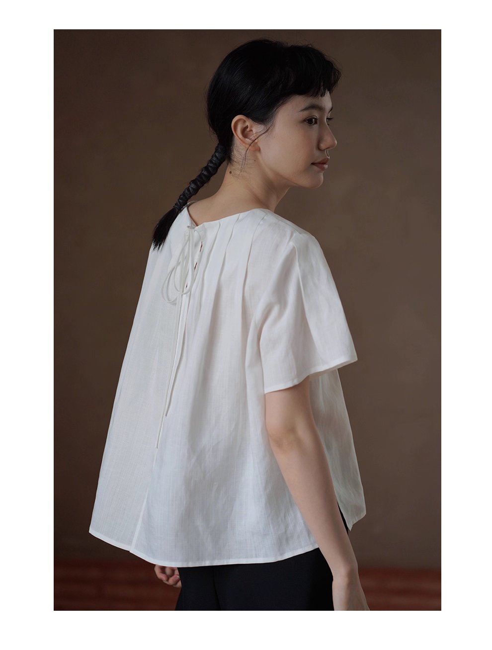 清香白檸檬上衣壓褶圓領A字顯瘦萊賽爾亞麻透氣通勤襯衫