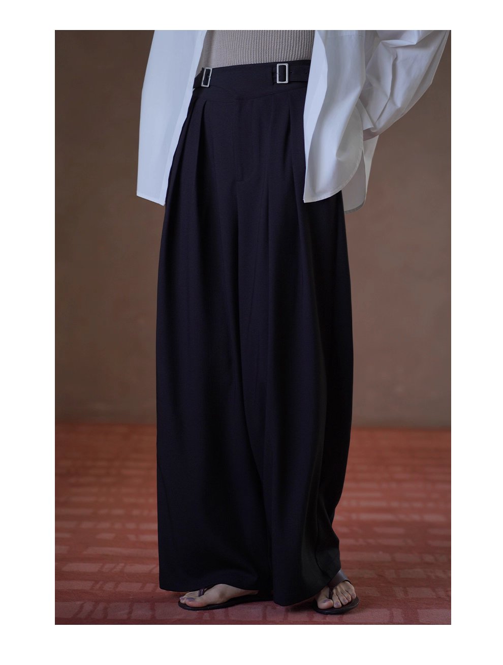 利落職場顯瘦高腰不對稱日字袢設計寬鬆顯瘦長褲女