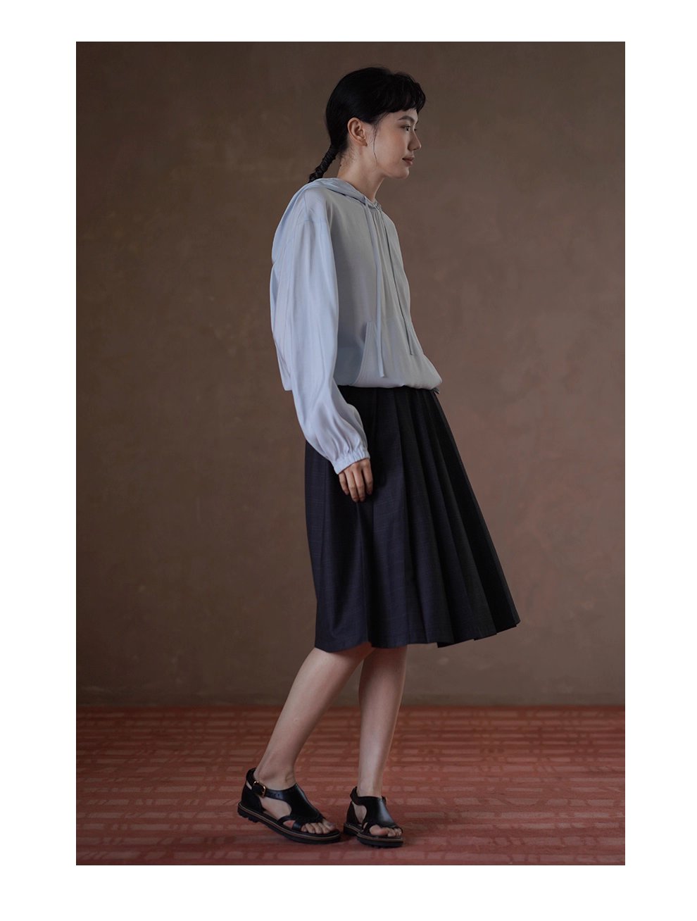 潤石晶藍清涼透氣連帽寬鬆顯瘦長袖休閒襯衫薄上衣女