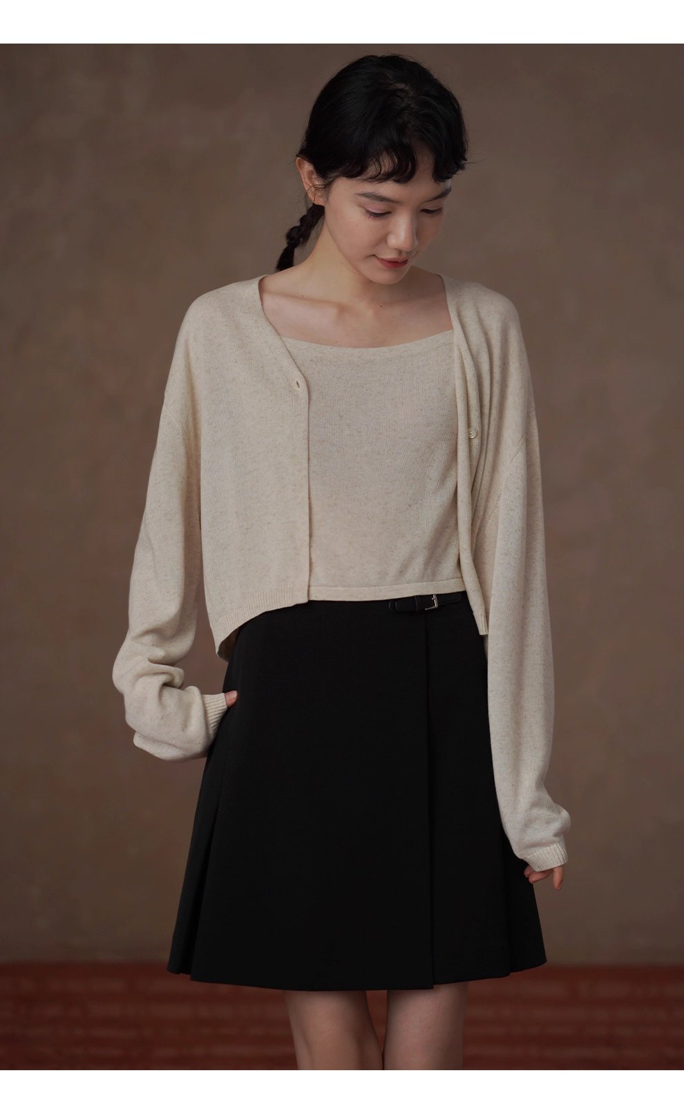 清新燕麥萊賽爾亞麻混紡背心開襟針織溫柔通勤兩件套女