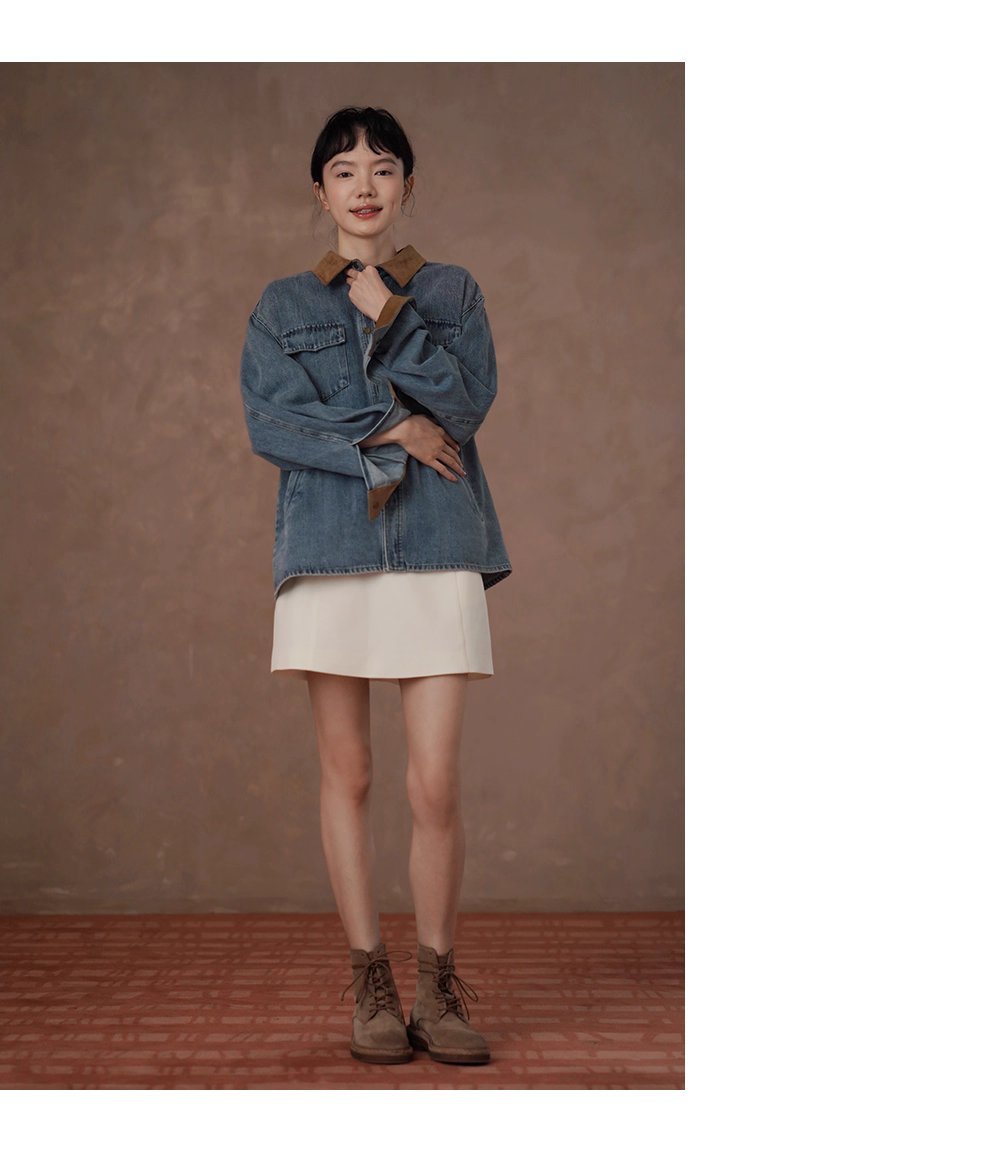 復古風潮做舊水洗燈芯絨拼接翻領牛仔襯衫寬鬆顯瘦外套