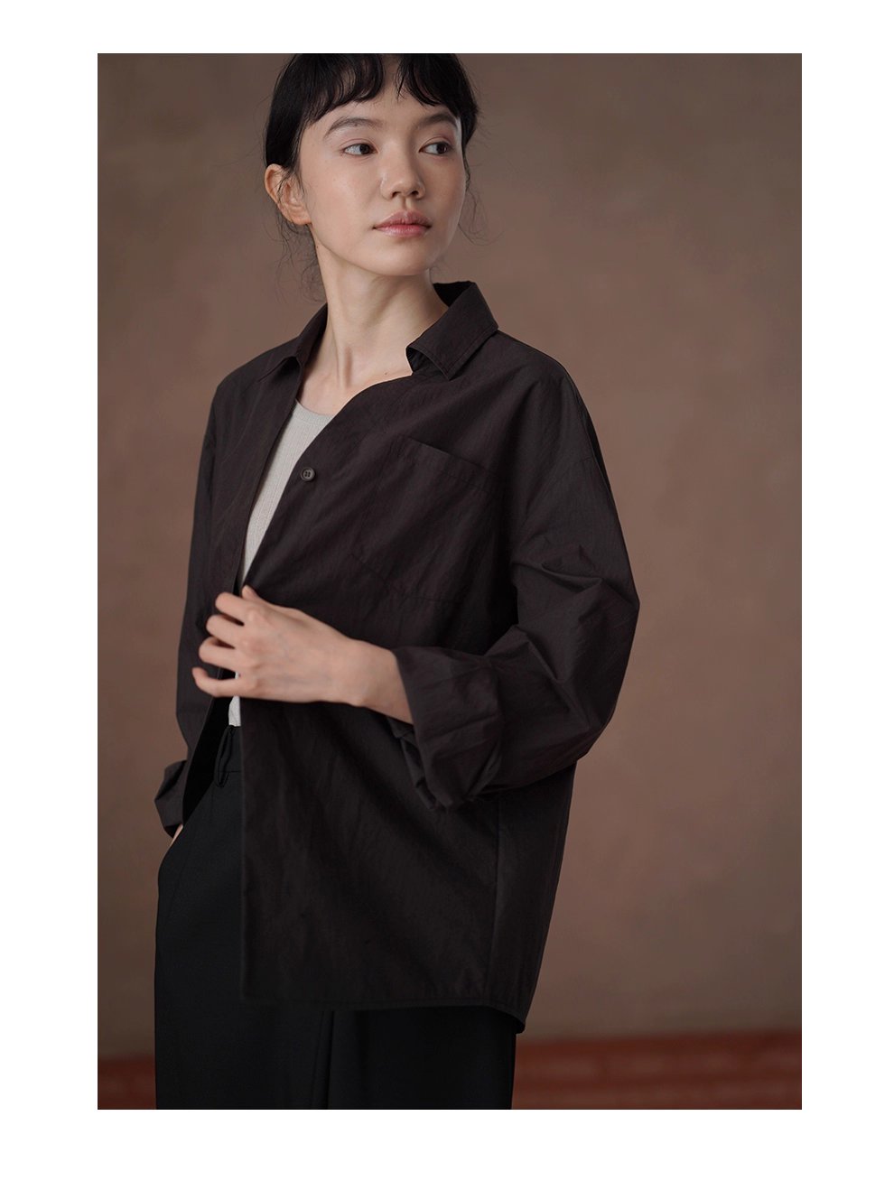 知識分子高智感襯衫濃鬱古巴咖寬鬆顯瘦V領廓形通勤上衣