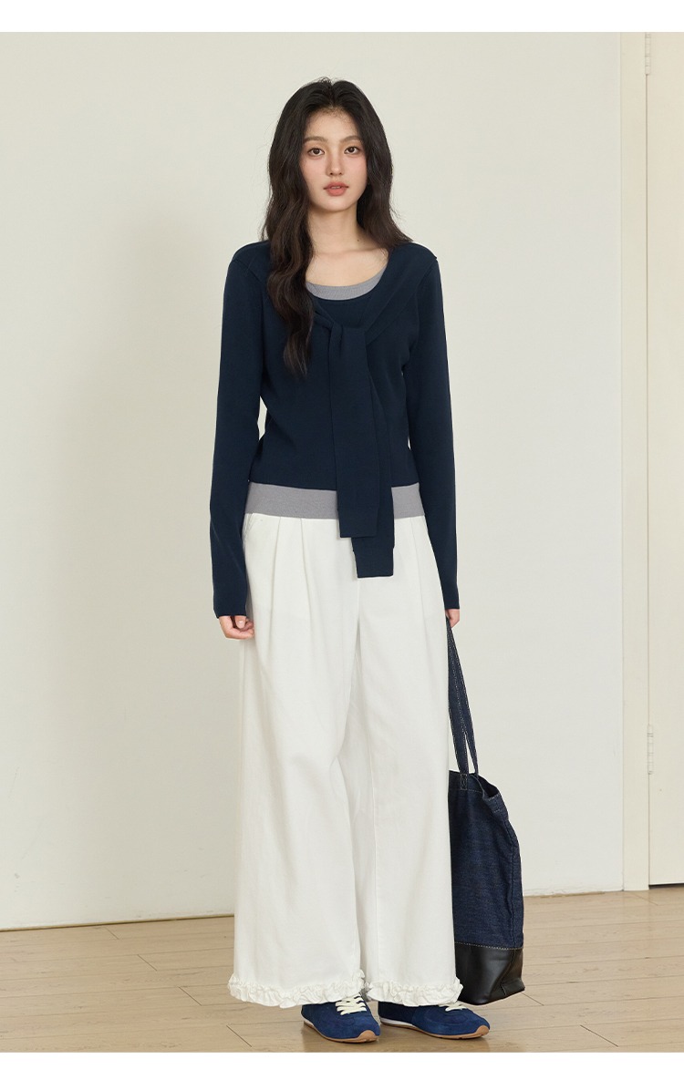 大尺碼假兩件綁帶針織衫上衣長袖打底衫