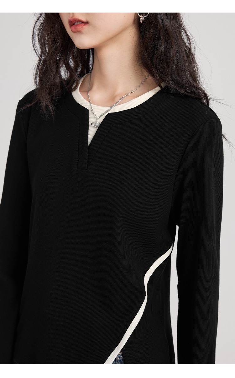 大尺碼黑色針織衫女打底衫顯瘦胖mm正肩長袖上衣