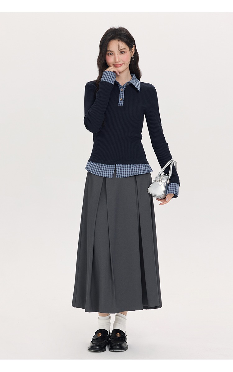 大尺碼拼接格紋襯衫假兩件針織衫polo領上衣