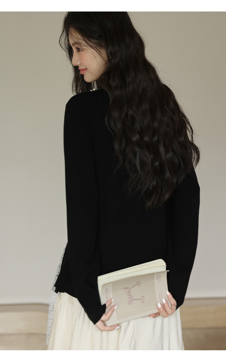 大尺碼釘珠針織衫胖mm上衣搭蕾絲拼接針織毛衣