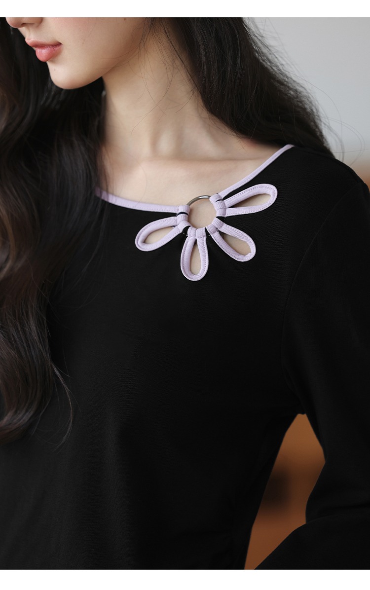 大尺寸胖mm鏤空花朵正肩長袖t恤女2025新款穿搭內搭上衣