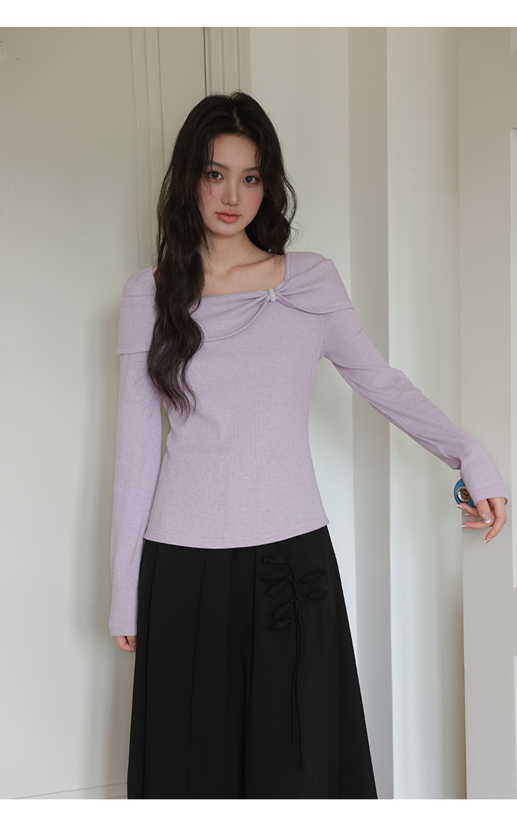 大尺碼氣質穿搭方領針織衫新款內搭打底衫秋季紫色上衣