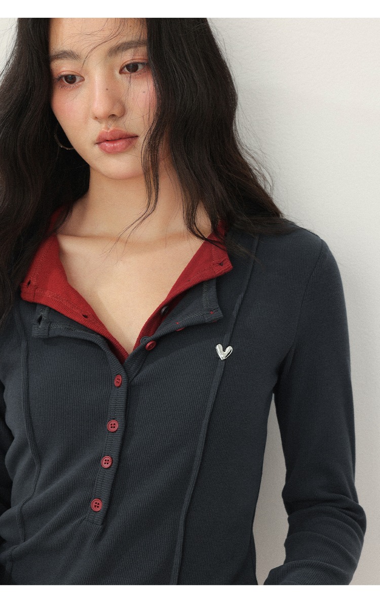 大尺碼秋裝灰色正肩長袖設計感假兩件疊穿上衣