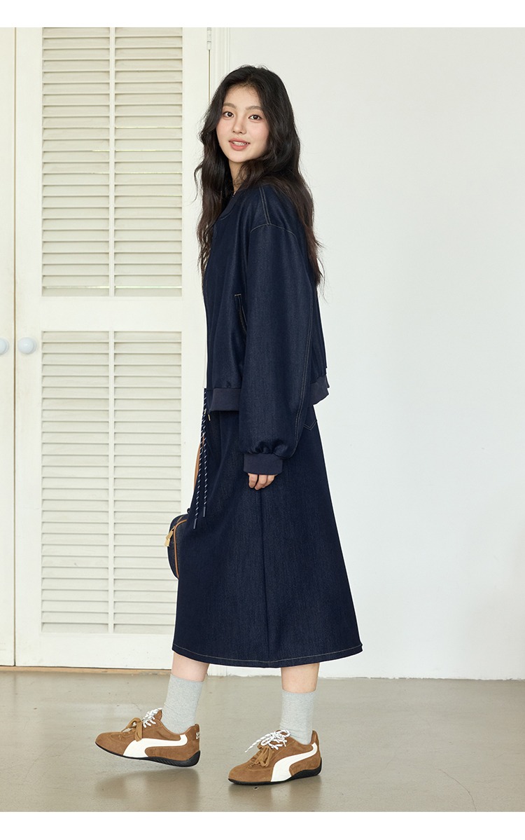 大尺碼棒球外套女半身長裙兩件套天絲牛仔套裝