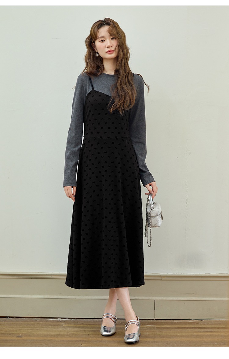 大尺碼拼接假兩件洋裝高級感早秋女裝黑色裙子