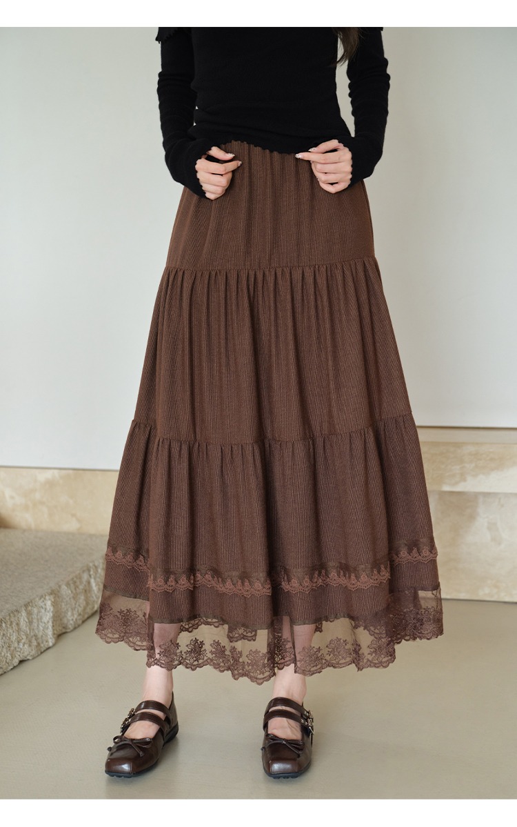 大尺碼蕾絲拼接A字半身裙蛋糕裙棕色裙子