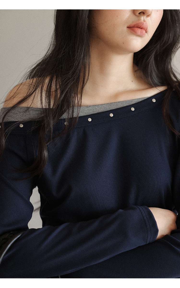 大尺碼一字肩上衣T恤個性撞色修身上衣