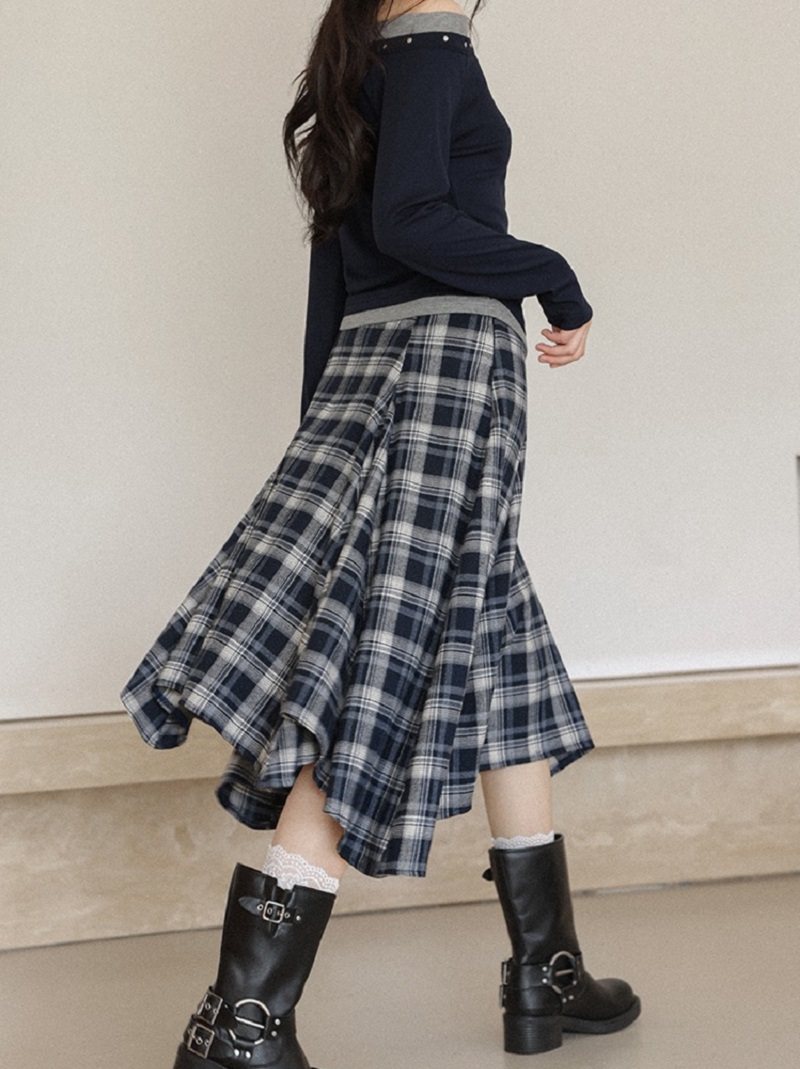 大尺碼藍白拚色格紋半身裙不規則裙襬個性穿搭
