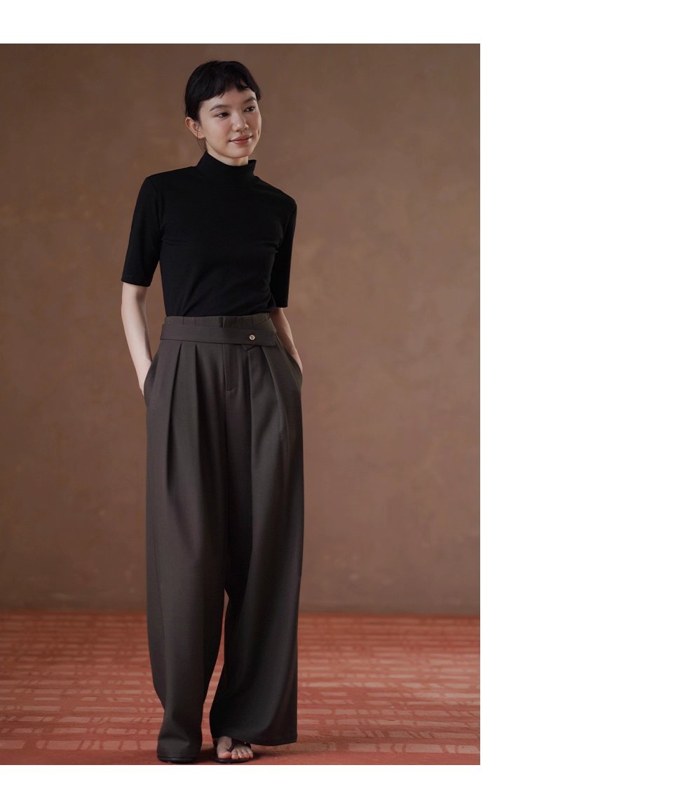 高品質色紡西裝布料可調式腰帶寬鬆垂順顯瘦闊腿長褲女