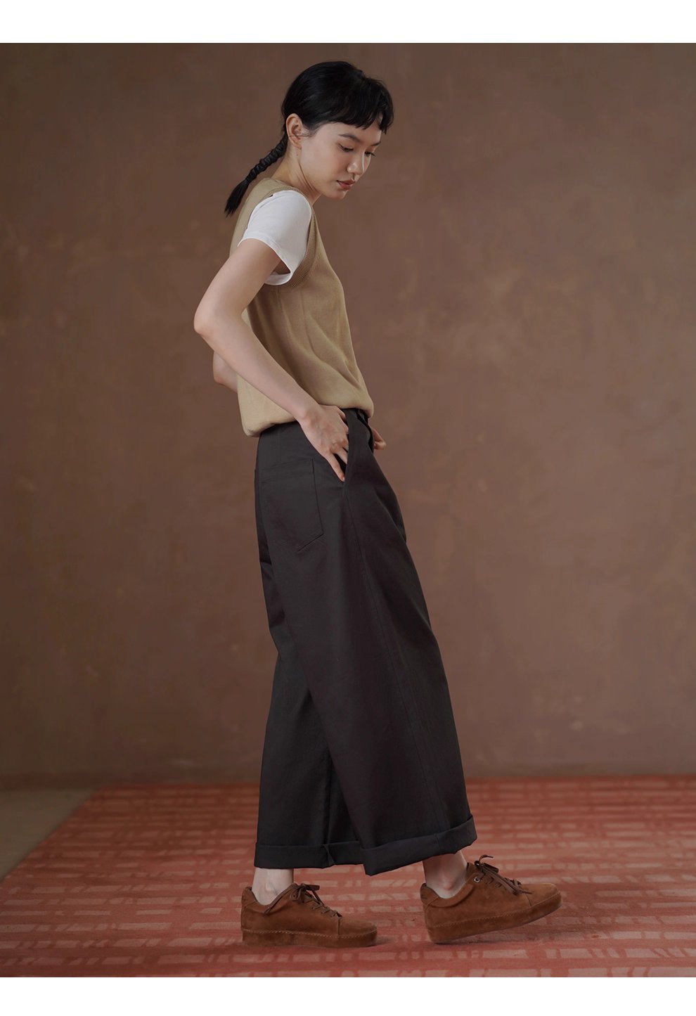 深幽雪松咖長褲寬鬆遮肉高腰顯瘦不挑人挺括100棉闊腿褲