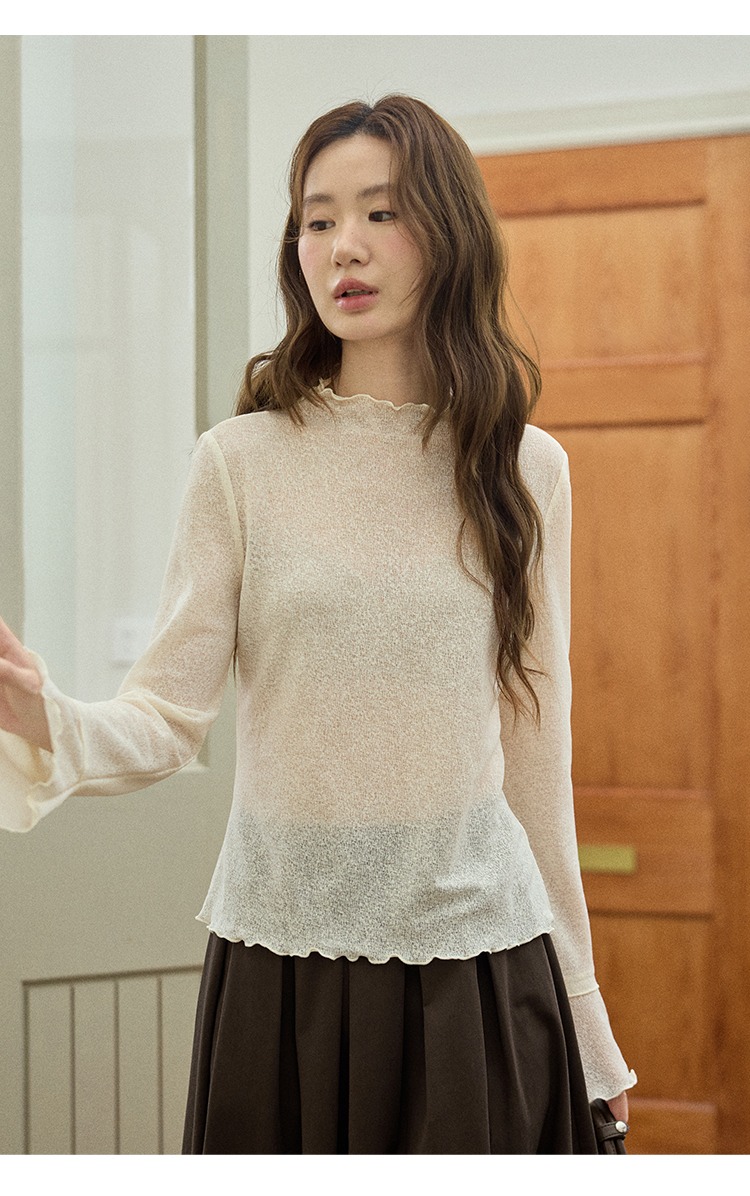 大尺碼薄款半高領木耳邊打底上衣秋裝上衣