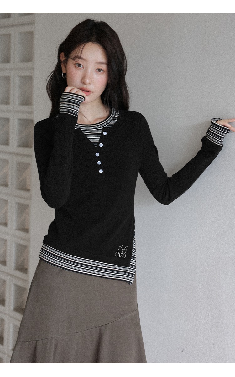 大尺碼假兩件長袖T恤條紋拼接開岔上衣