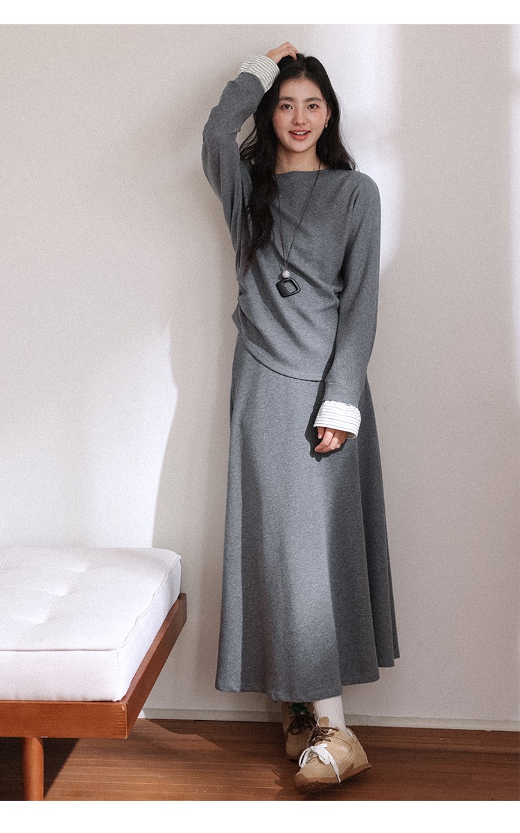 中大尺碼斜肩長袖上衣半身裙兩件套裝