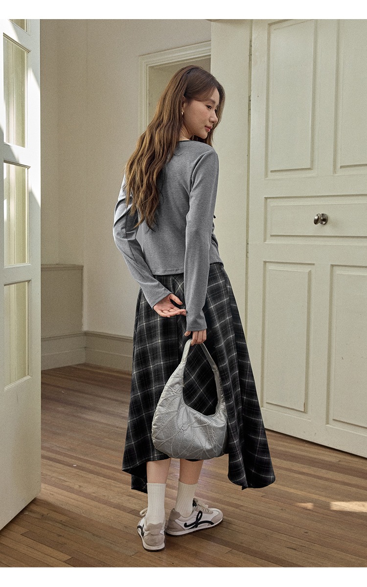 大尺碼鏤空蝴蝶結灰色長袖T恤女裝收腰上衣