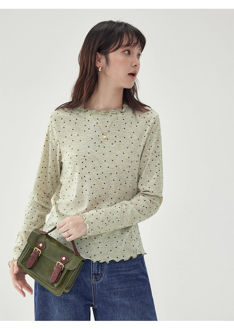 韓系密邊領波點長袖T恤女秋季新款內搭寬鬆上衣