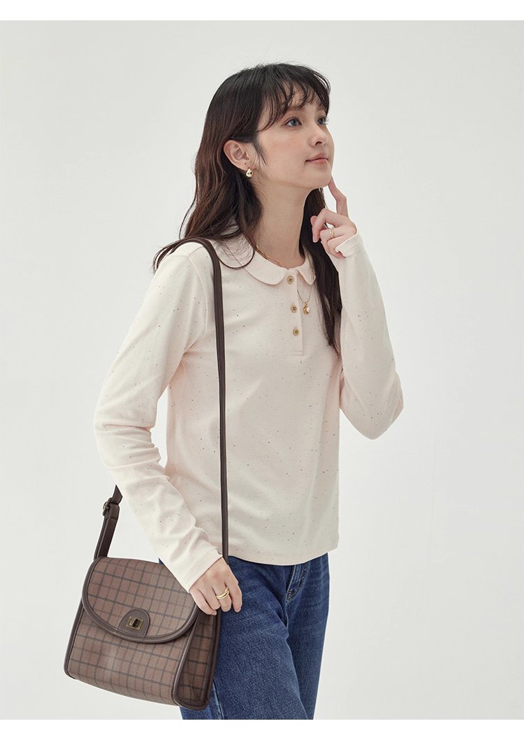 彩點小翻領長袖T恤女秋季新款時尚百搭上衣