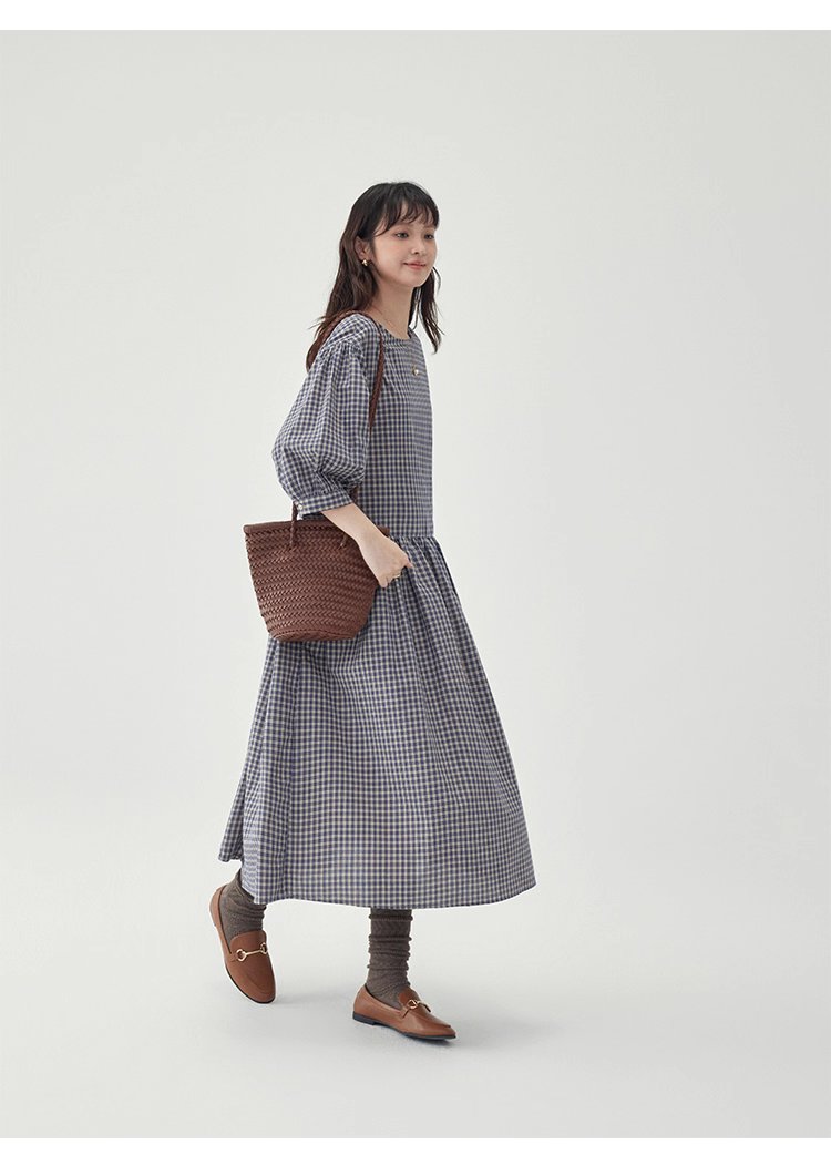 日系格紋燈籠袖洋裝女秋季新款寬鬆純棉a字裙