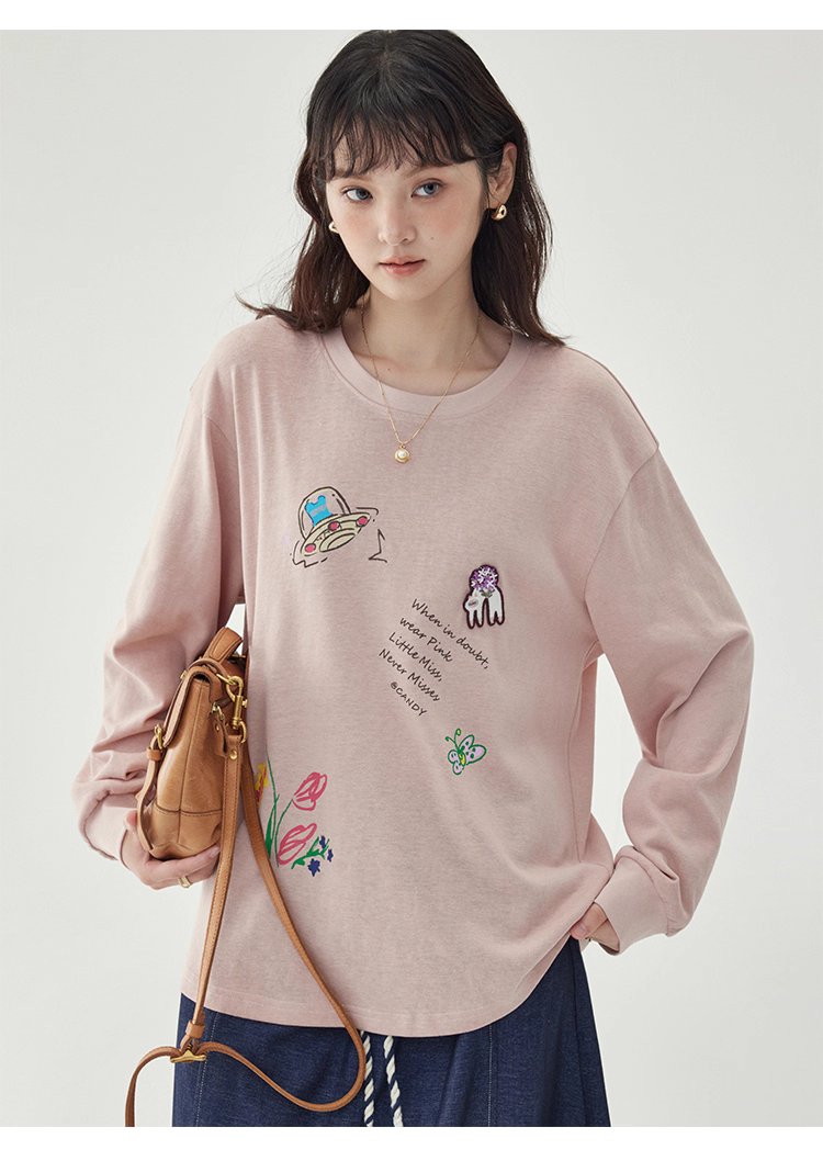 減齡印花落肩長袖粉紅T恤女秋新款寬鬆百搭上衣