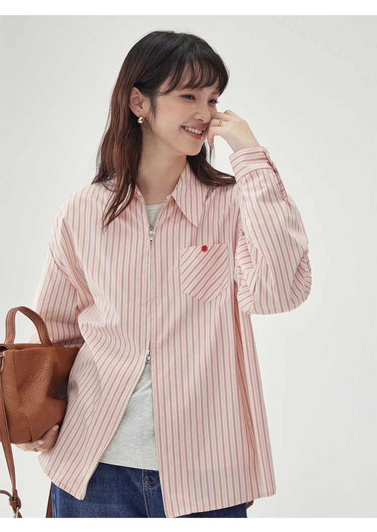 粉紅色圖案雙拉鍊長袖襯衫女秋季新款純棉外套上衣