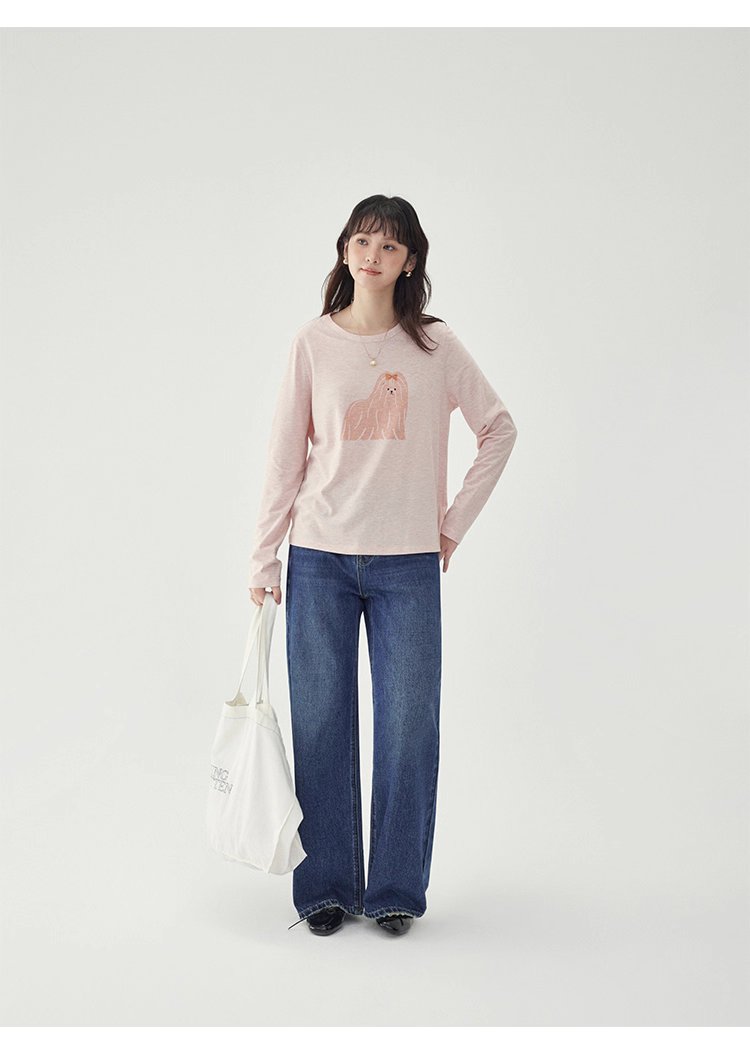 粉紅小狗印花長袖T恤女25秋季全新寬鬆減齡上衣