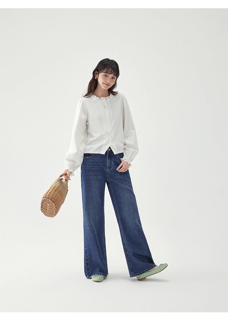 花邊長袖後貼花片白襯衫女秋季新款甜美純棉上衣