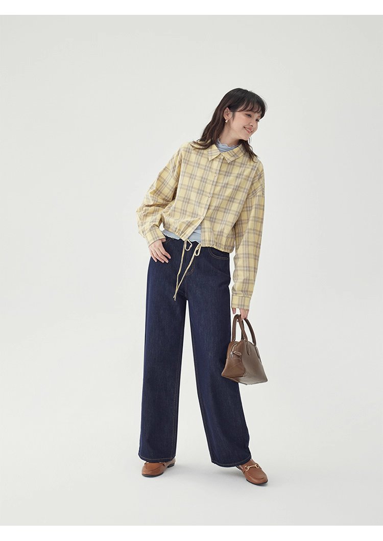 黃格單排扣抽繩下擺襯衫女秋季新款純棉長袖上衣