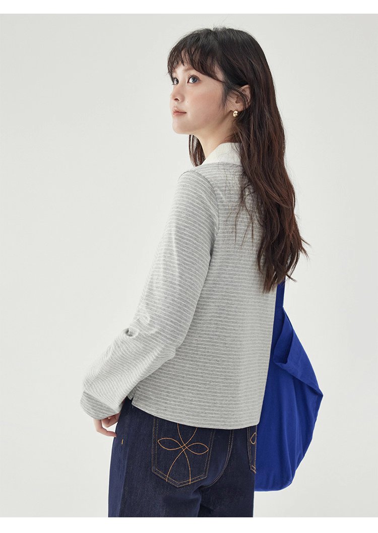 灰色條紋polo半開領t卹女秋季新款寬鬆長袖上衣
