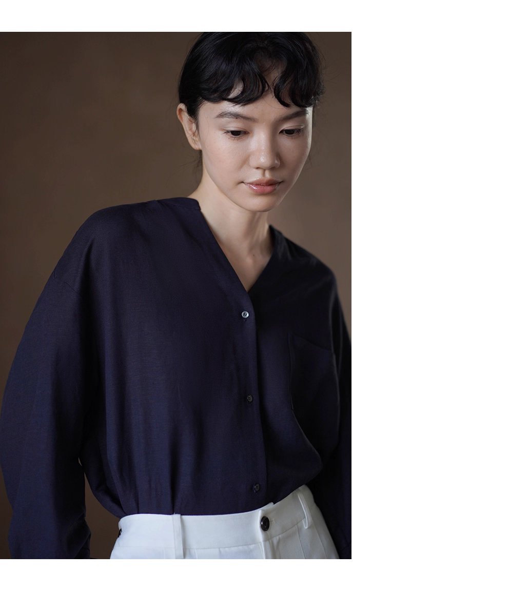 海上航線亞麻混紡透氣挺括質感V領寬鬆顯瘦通勤長袖襯衫