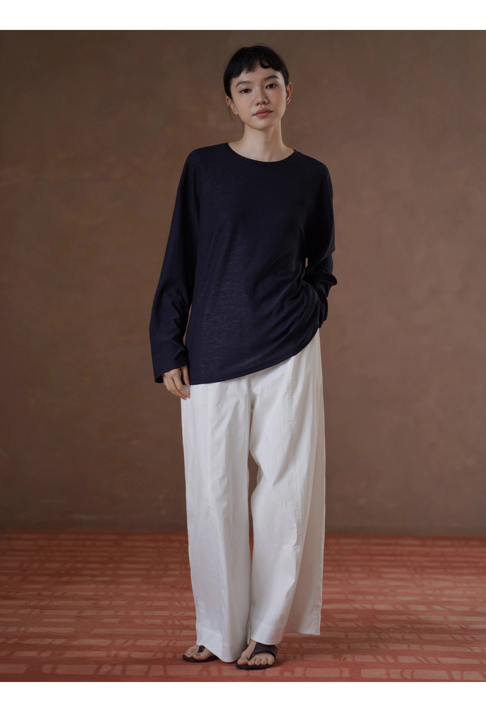 高品質桑蠶絲棉亞麻混紡竹節麻肌理感寬鬆顯瘦長袖T恤女