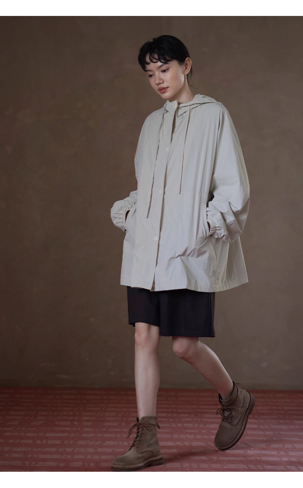 輕盈挺括山系少女外套寬鬆顯瘦連帽中長款輕戶外風衣女