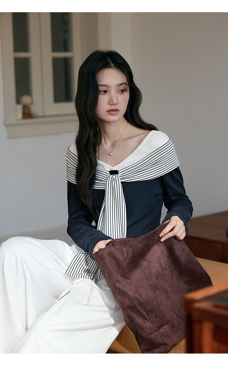 大尺碼條紋飄帶拼接T恤女秋季海軍風上衣