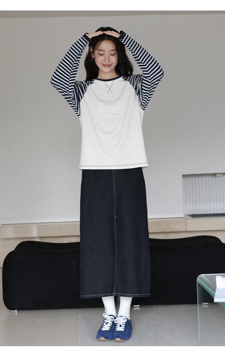 條紋長袖花灰色T恤女2025全新內搭秋裝大尺碼遮肚上衣