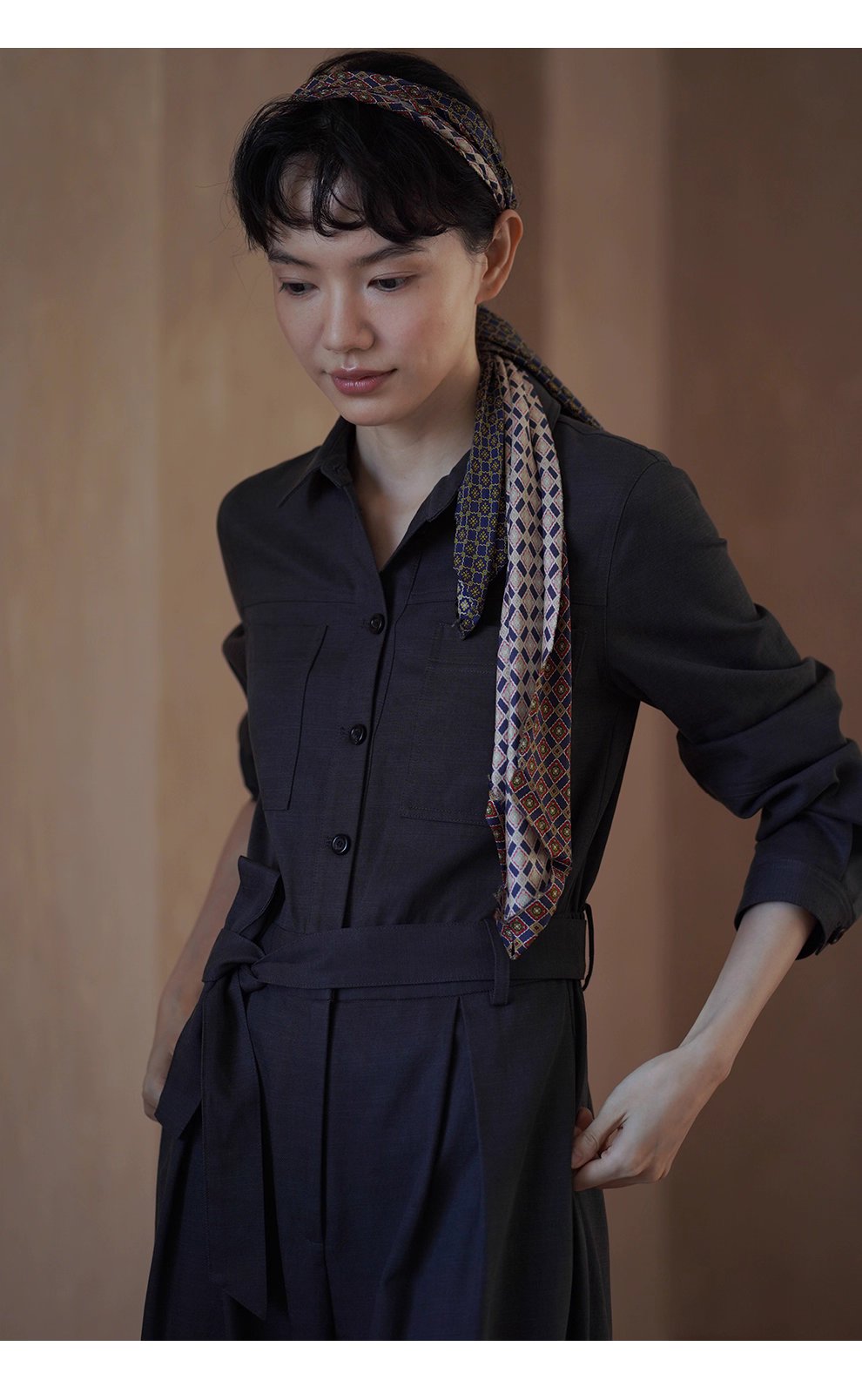 酷颯都市工裝寬鬆襯衫領闊腿顯瘦萊賽爾棉通勤連身褲