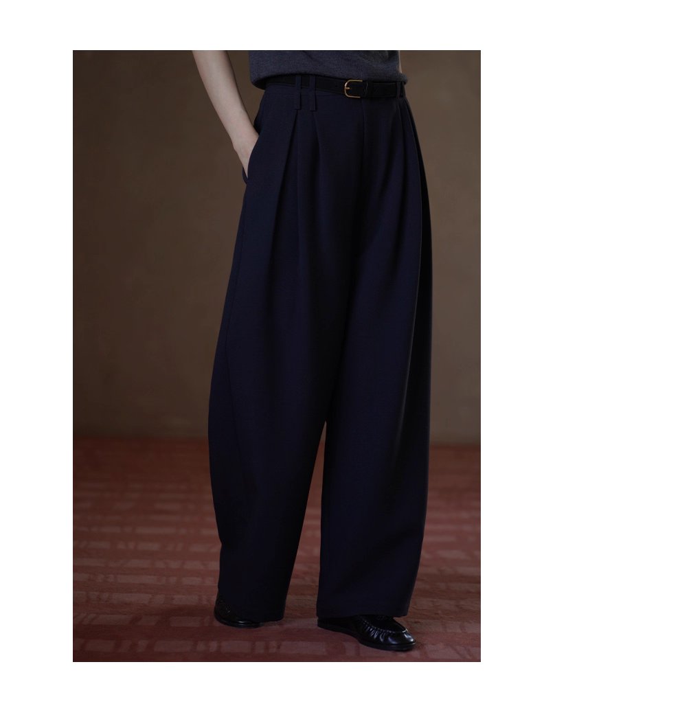 鬆弛顯瘦版型雙面織造斜紋西褲布料高腰闊腿通勤長褲女