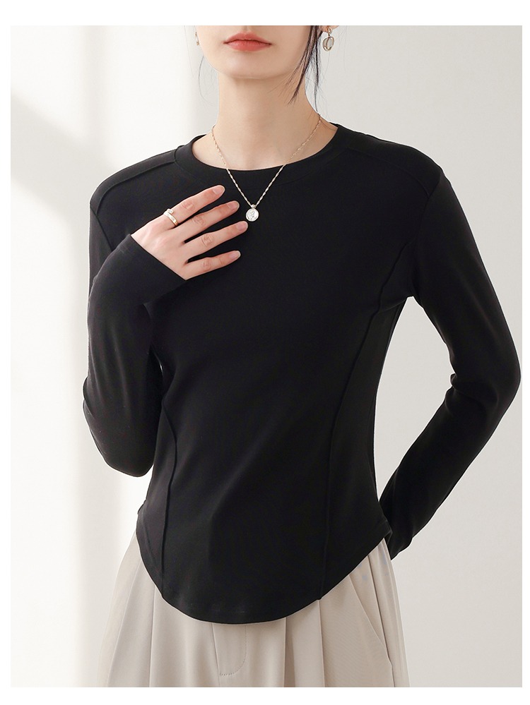 圓領打底衫女魚骨圓弧下擺長袖長袖T恤女內搭洋氣合身上衣