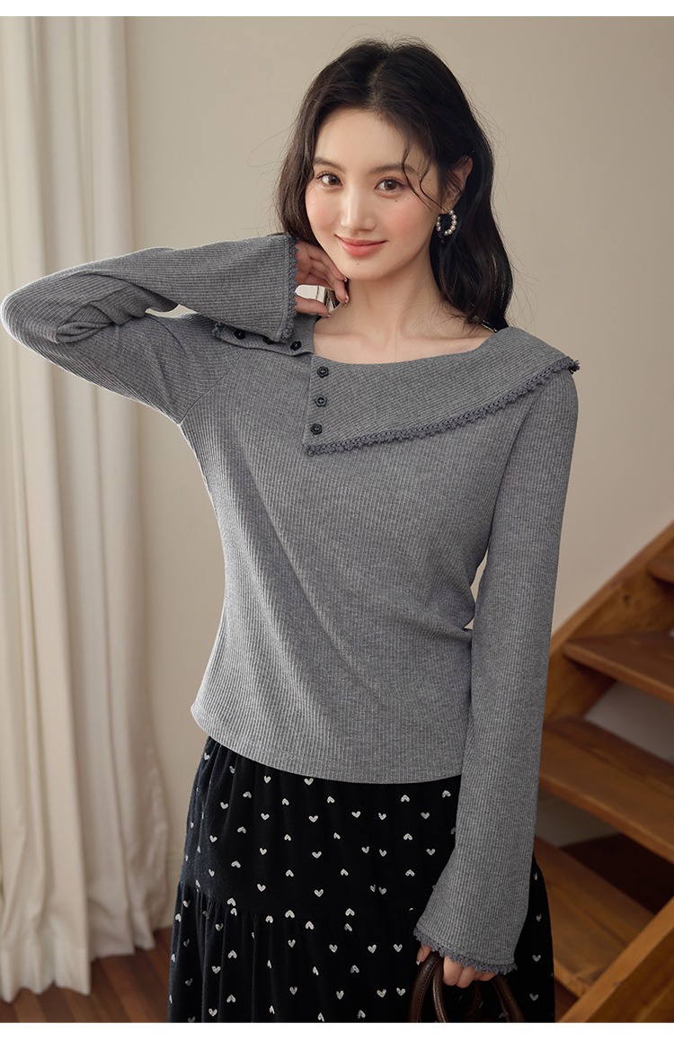 中大尺碼胖mm灰色針織衫女新款長袖斜領上衣