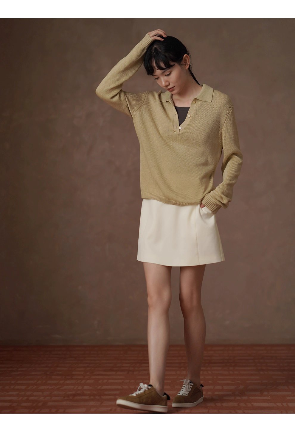 溫和薑茶亞麻鬆弛寬鬆復古顯瘦Polo領針織落肩通勤上衣