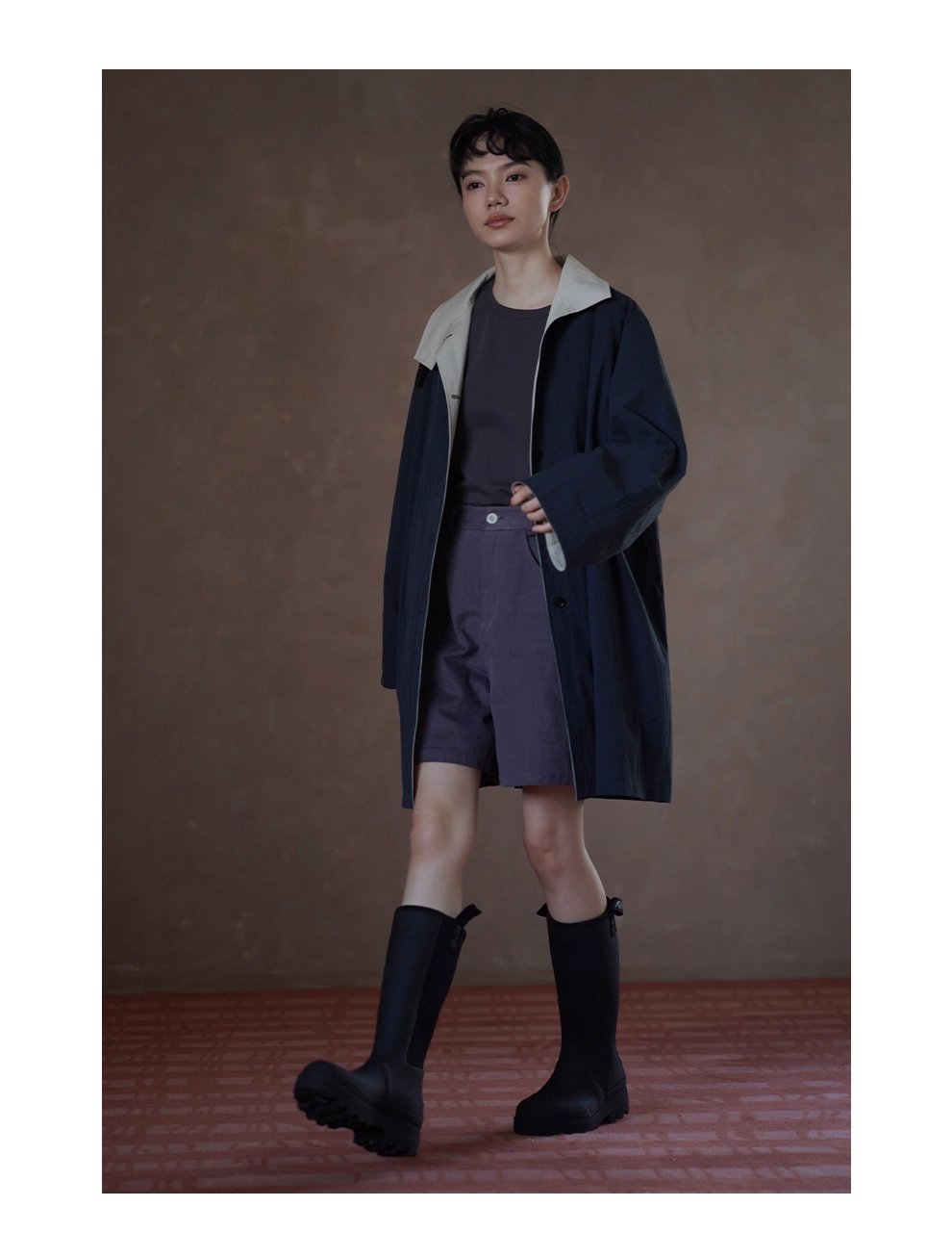 細節滿滿原創外套撞色拼接立領皮袢中長款寬鬆顯瘦風衣