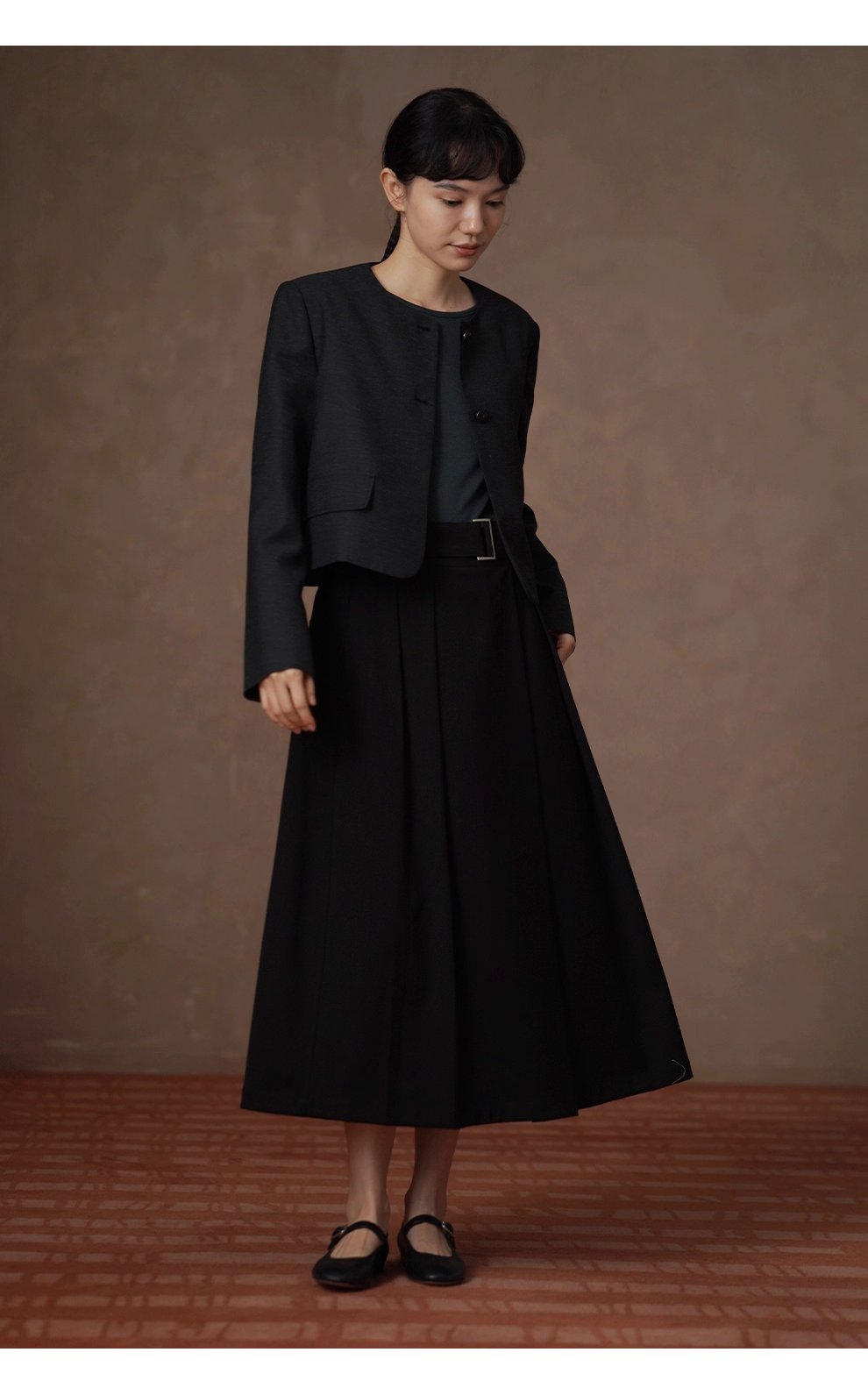 深空亞麻肌理感圓領通勤短外套經典俐落簡約顯瘦西裝女