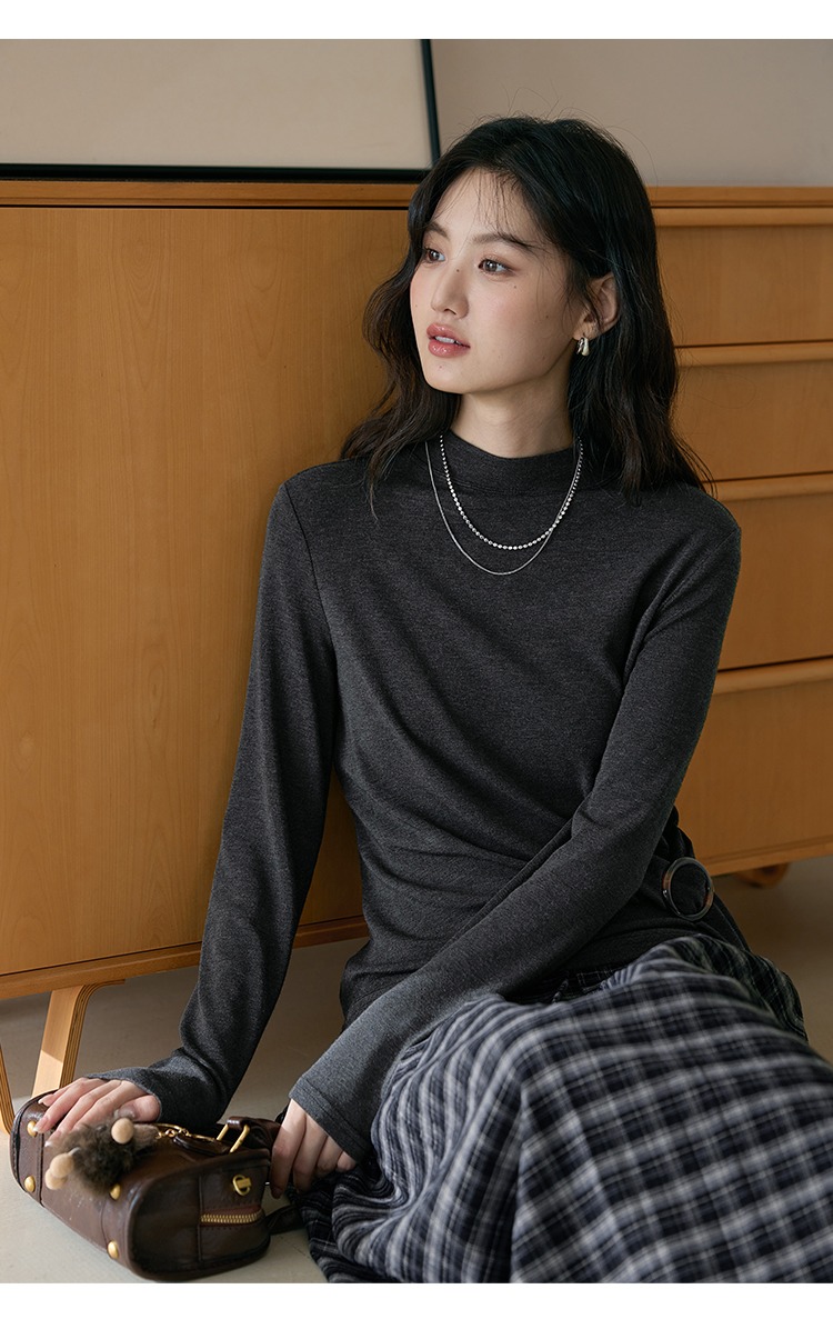 中大尺碼長袖T恤女飄帶上衣半高領打底衫上衣