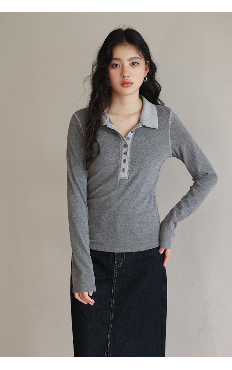 大尺碼正肩Polo領子長袖T恤女灰色上衣