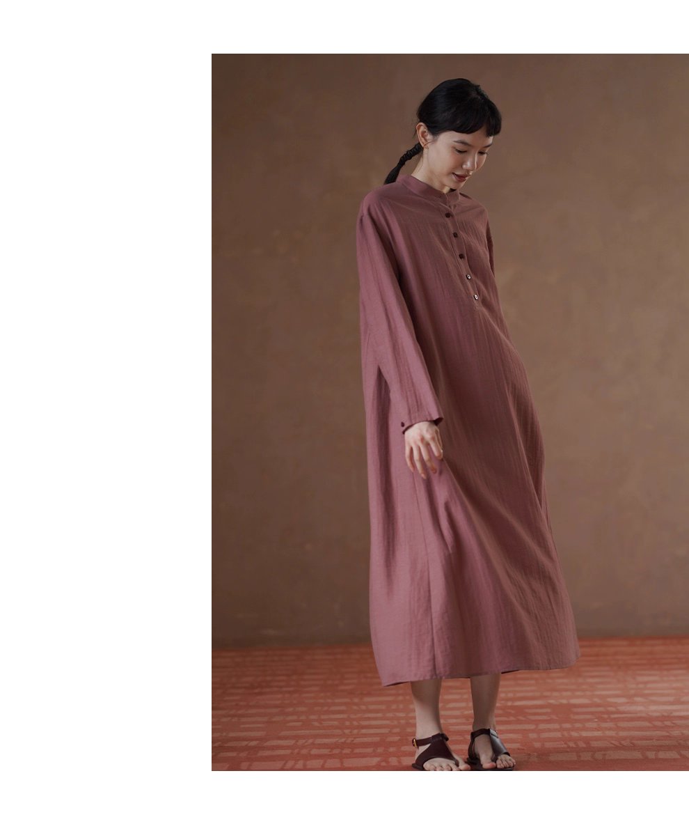 清雅芍藥顯白亞麻混紡透氣挺括顯瘦寬鬆立領襯衫洋裝